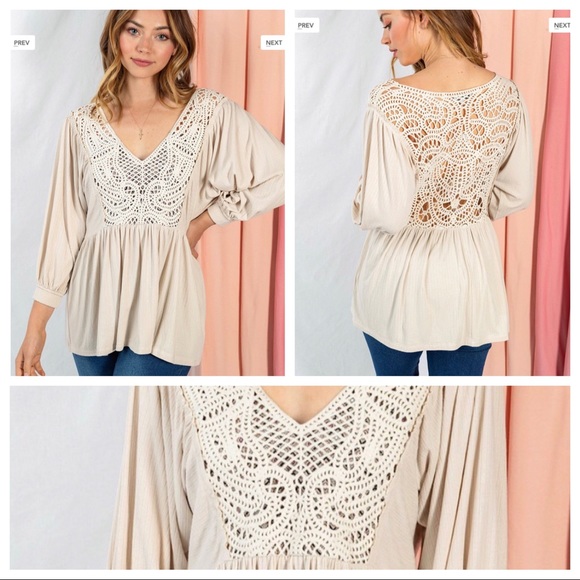 White Birch 3/4 Sleeve Solid Knit Top V-Neck Crocheted Lace Inset With Open back - Picture 5 of 10